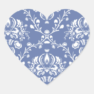 Periwinkle Blue and White Damask Heart Sticker