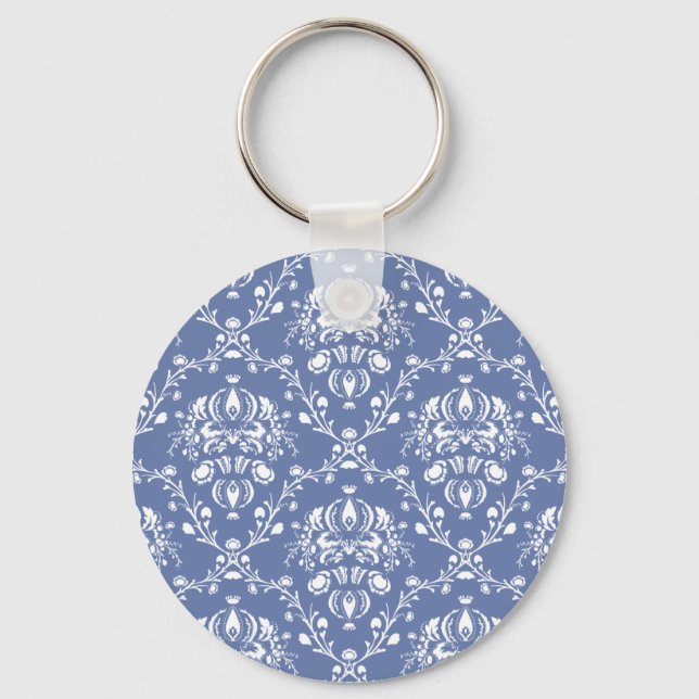Periwinkle Blue and White Damask Key Ring (Front)