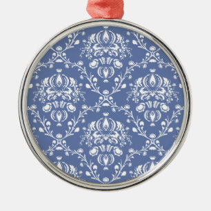 Periwinkle Blue and White Damask Metal Tree Decoration