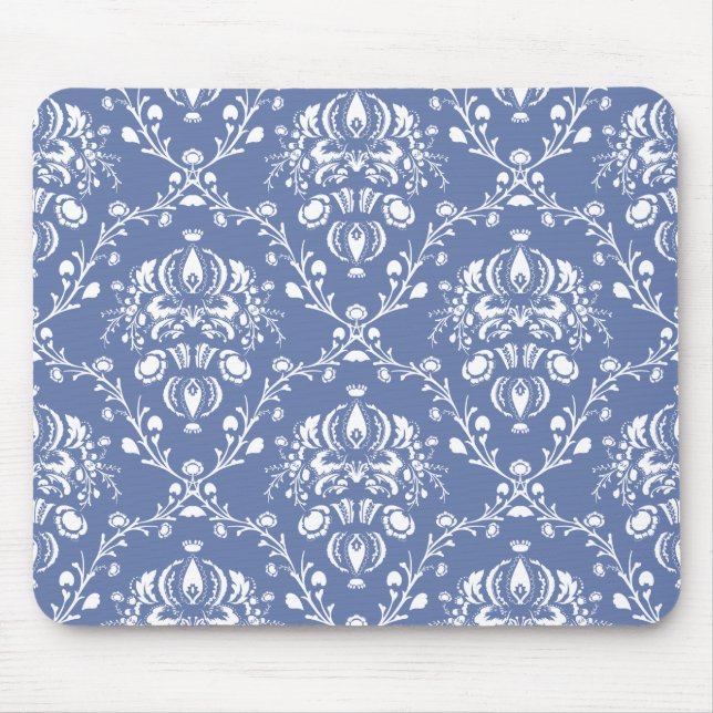 Periwinkle Blue and White Damask Mouse Mat (Front)