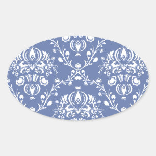 Periwinkle Blue and White Damask Oval Sticker