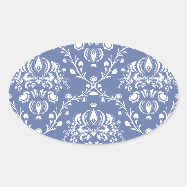 Periwinkle Blue and White Damask Oval Sticker (Front)