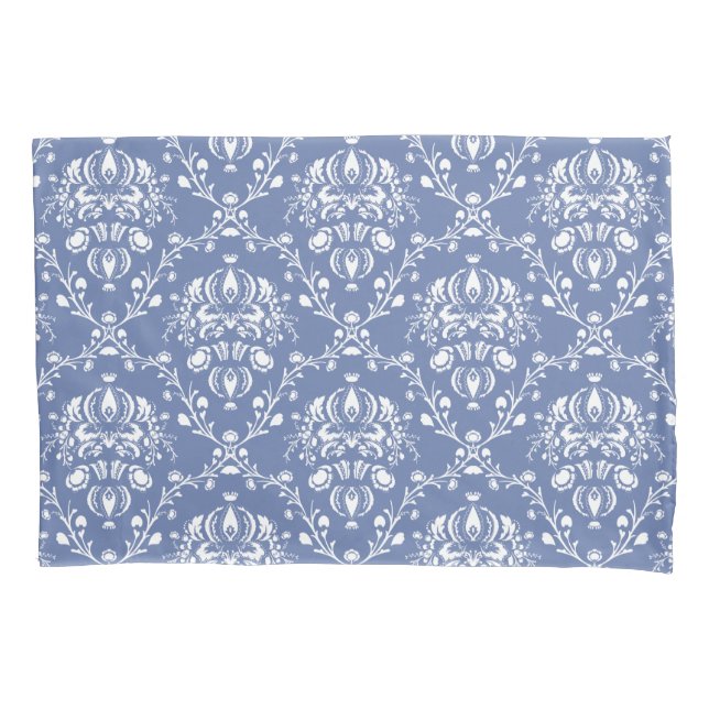 Periwinkle Blue and White Damask Pillowcase (Front-Left)