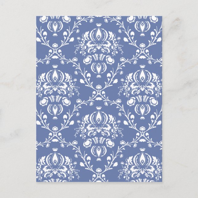 Periwinkle Blue and White Damask Postcard (Front)
