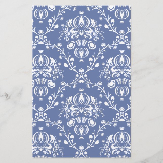 Periwinkle Blue and White Damask Stationery (Front)