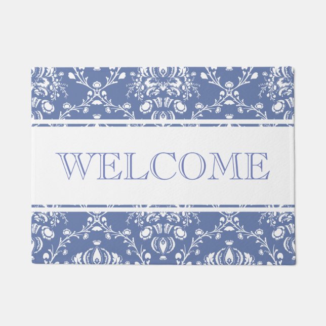 Periwinkle Blue and White Damask Welcome Doormat (Front)