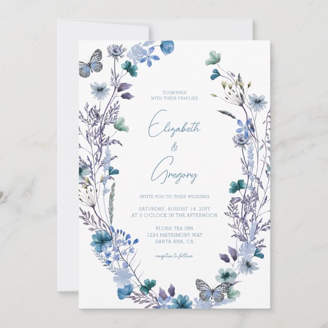 Periwinkle Blue Boho Wildflower Wedding Invitation (Front)