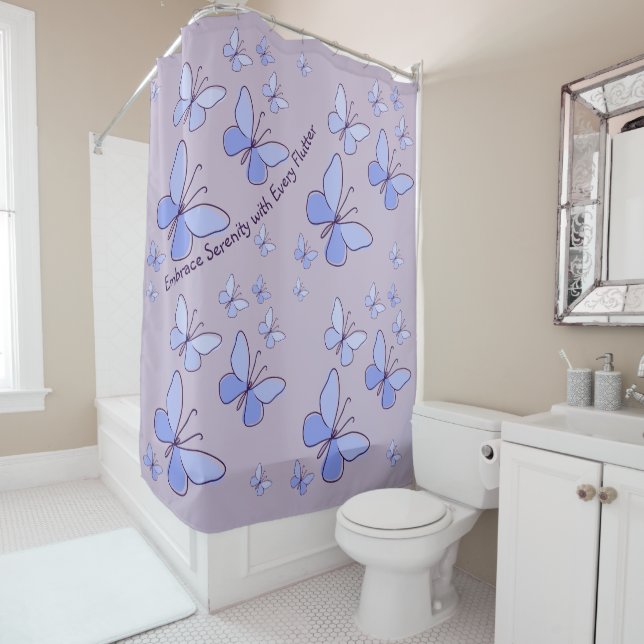 Periwinkle Blue Butterfly Flutter Lavender Grey Shower Curtain (In Situ)