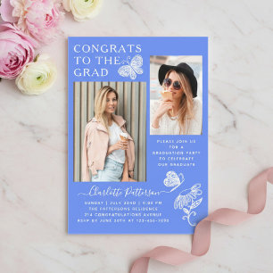 Periwinkle Blue Butterfly Graduation Two Photo Acrylic Invitations