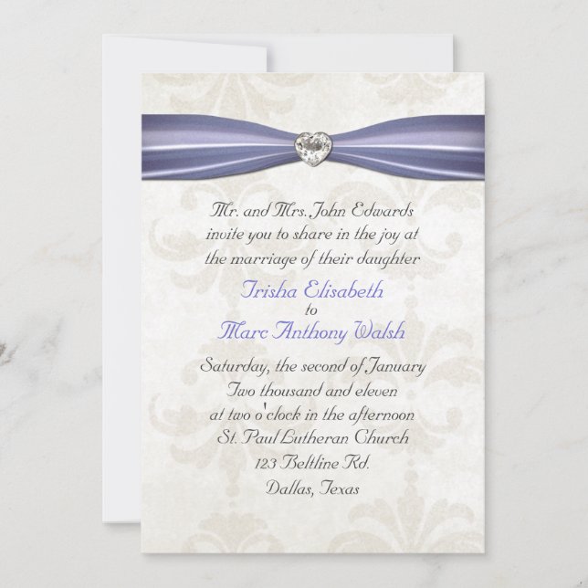 Periwinkle Blue & Cream Damask Wedding Invitation (Front)