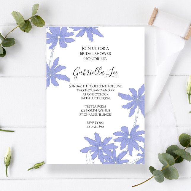 Periwinkle Blue Daisies on White Bridal Shower Invitation (Creator Uploaded)