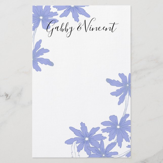 Periwinkle Blue Daisies on White Wedding Stationery (Front)