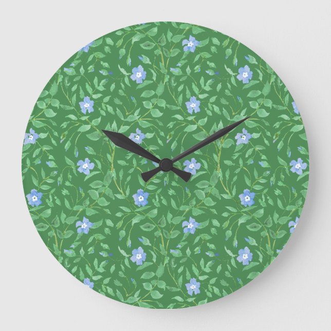 Periwinkle Blue Dark Green Country-style Floral Large Clock (Front)