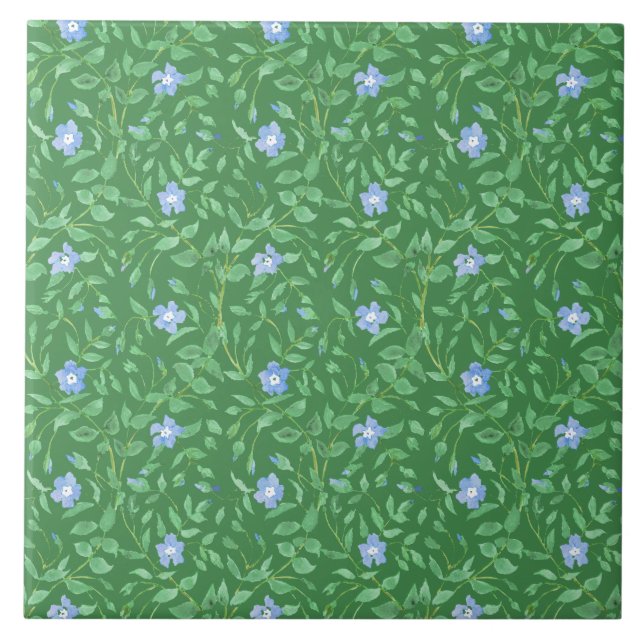Periwinkle Blue Dark Green Country-style Floral Tile (Front)