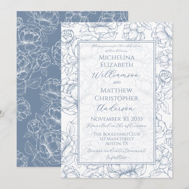 Periwinkle Blue Elegant Hand-Drawn Floral Wedding  Invitation (Front/Back)