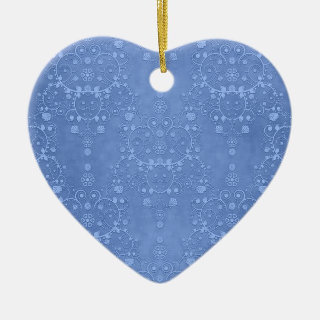 Periwinkle Blue Fancy Floral Damask Pattern Ceramic Tree Decoration (Front)