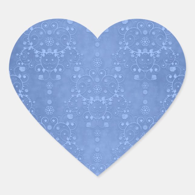 Periwinkle Blue Fancy Floral Damask Pattern Heart Sticker (Front)