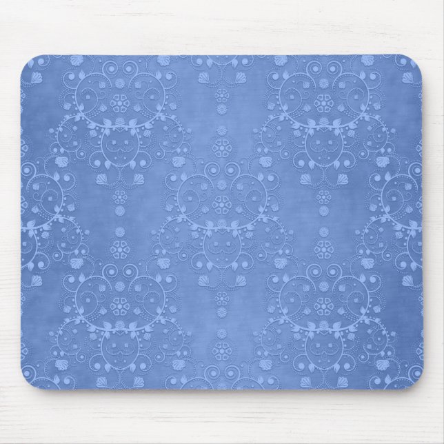 Periwinkle Blue Fancy Floral Damask Pattern Mouse Mat (Front)