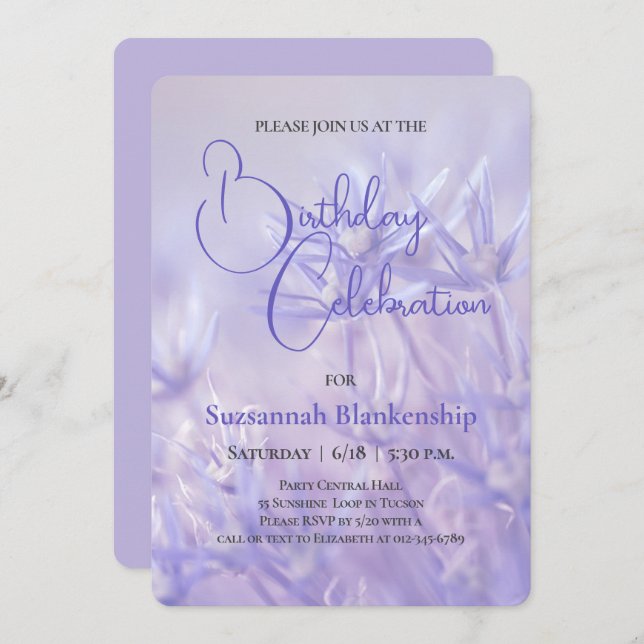 Periwinkle Blue Floral Background Birthday Party Invitation (Front/Back)