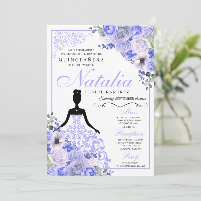 Periwinkle Blue Floral Quinceanera Birthday Invitation (Standing Front)