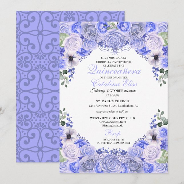 Periwinkle Blue Floral Quinceanera Birthday  Invitation (Front/Back)