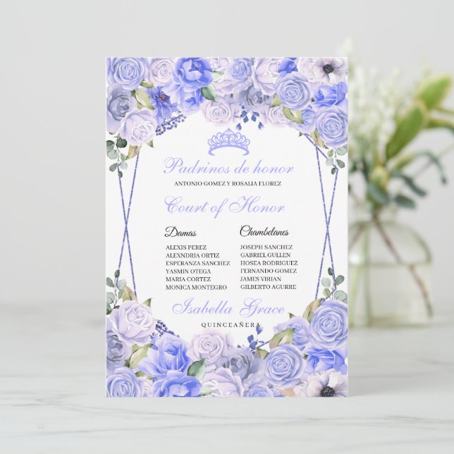 Periwinkle Blue Floral Quinceanera Court of Honour Invitation (Standing Front)