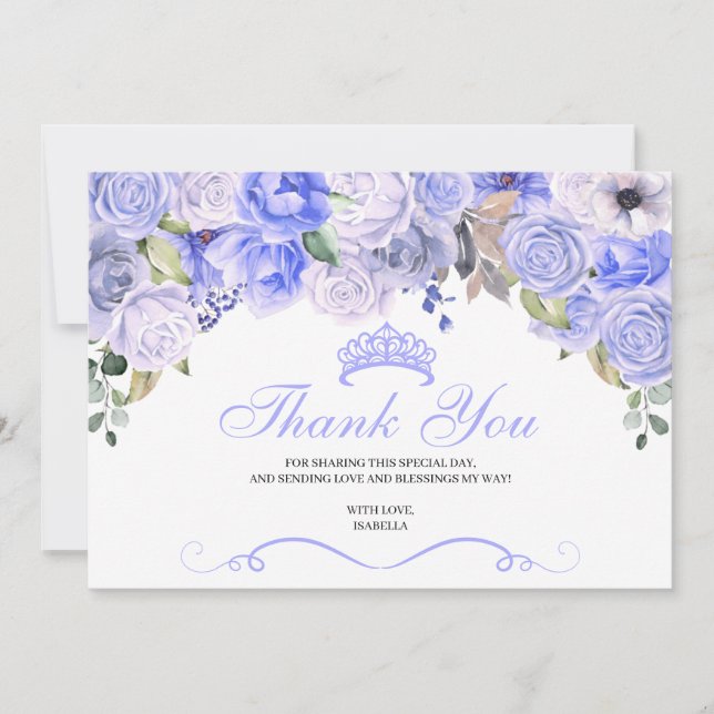 Periwinkle Blue Floral Quinceanera Thank You  Card (Front)