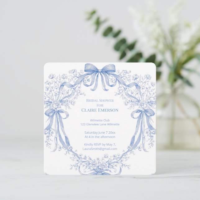 Periwinkle blue florals and flowing bows invitation (Standing Front)