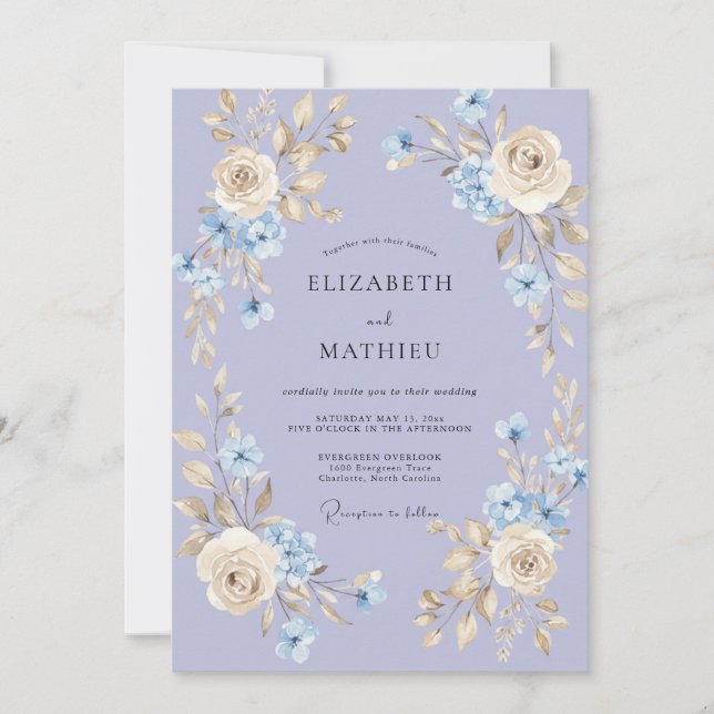Periwinkle Blue Graceful Rose Wedding Invitation (Front)