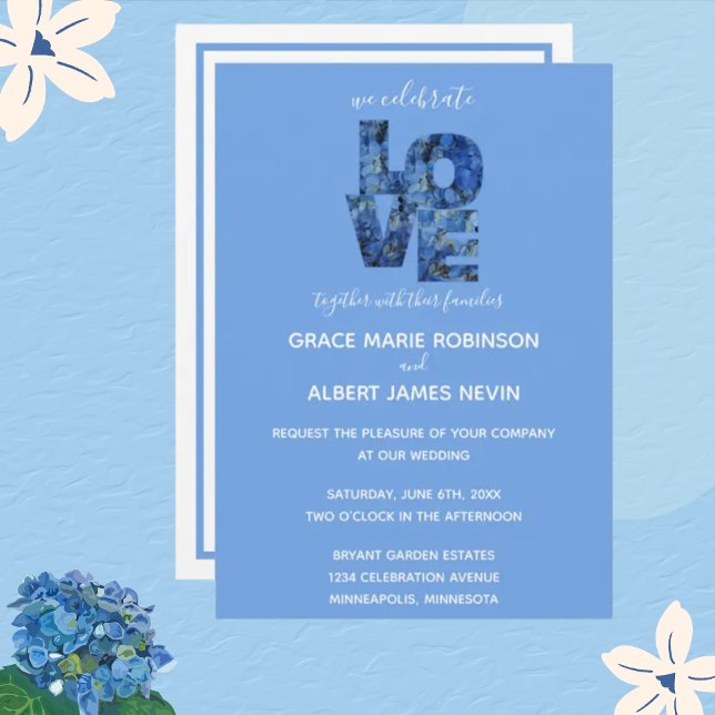 Periwinkle Blue Hydrangeas LOVE Wedding Invitation (Creator Uploaded)