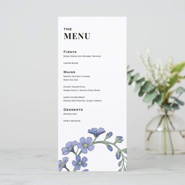 Periwinkle Blue Modern Floral Wedding Dinner Menu (Standing Front)