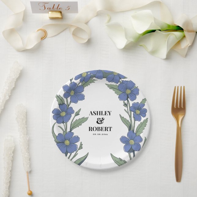 Periwinkle Blue Modern Floral Wedding Paper Plate (Wedding)