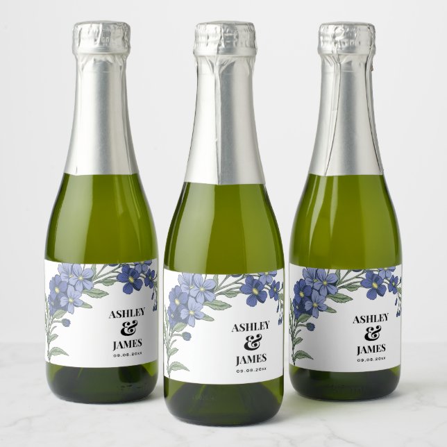 Periwinkle Blue Modern Floral Wedding Sparkling Wine Label (Bottles)