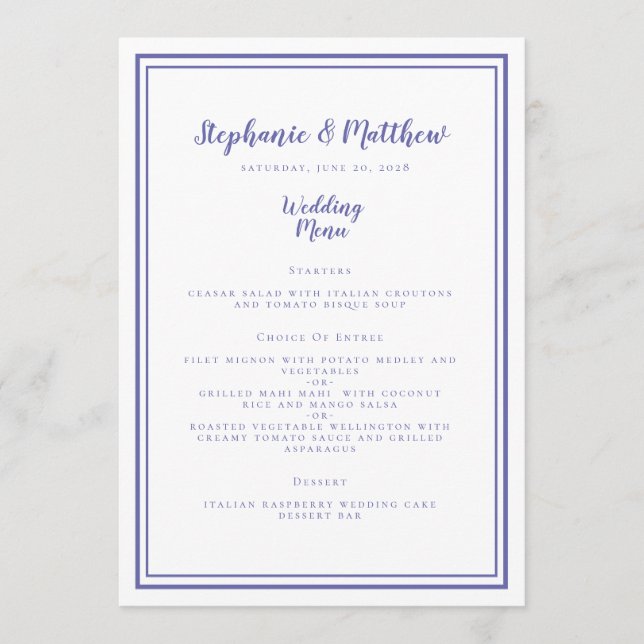 Periwinkle Blue Modern Simple Wedding Framed Chic Menu (Front)