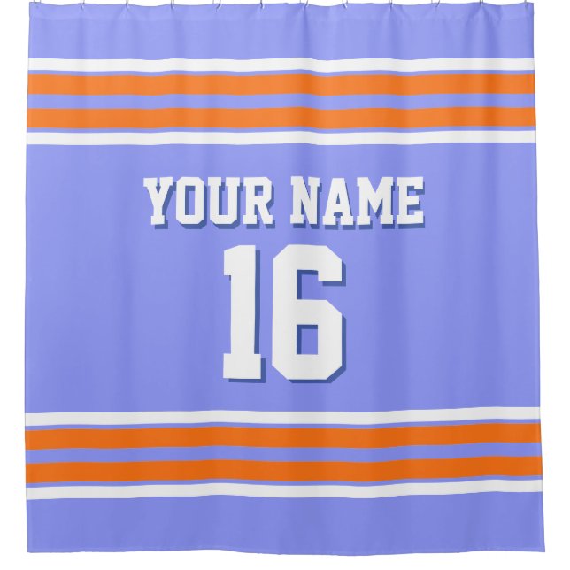 Periwinkle Blue Orange White Stripes Sports Jersey Shower Curtain (Front)