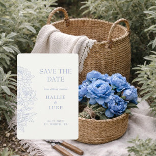 Periwinkle Blue Peony Line Art Wedding Save Date Invitation