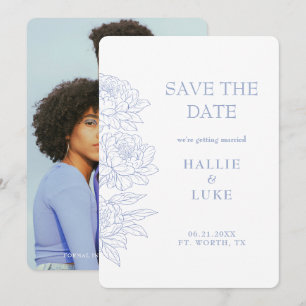 Periwinkle Blue Peony Photo Wedding Save Date II Invitation