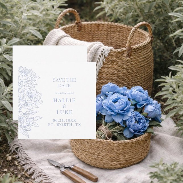 Periwinkle Blue Peony Wedding Square Save the Date Invitation (Creator Uploaded)