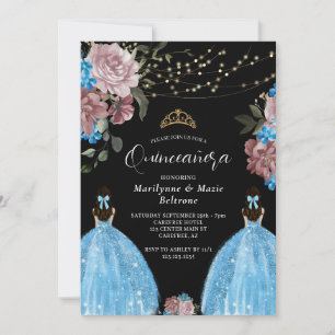 Periwinkle Blue Princess Floral Twins Quinceañera Invitation