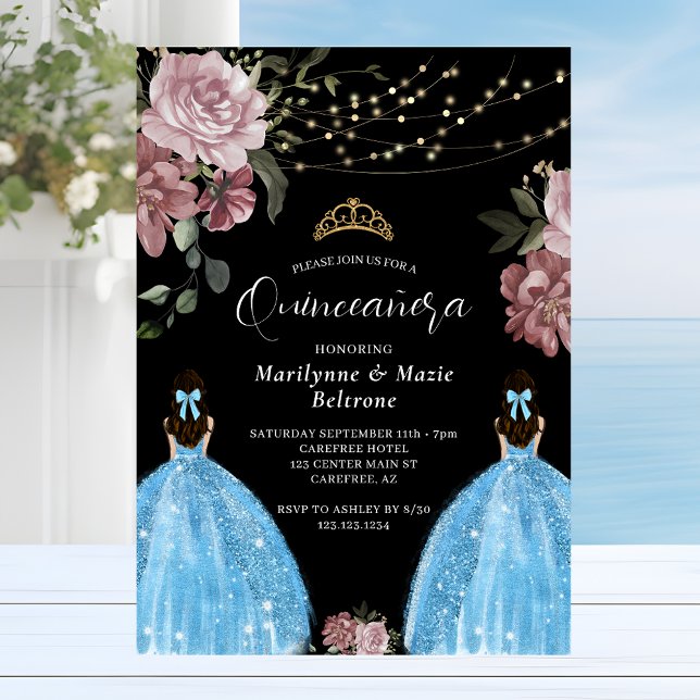 Periwinkle Blue Princess Floral Twins Quinceañera Invitation (Creator Uploaded)