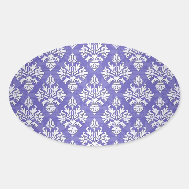 Periwinkle Blue Purple Artichoke Damask Pattern Oval Sticker (Front)