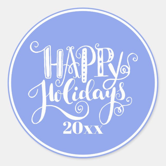 Periwinkle Blue Silver White Happy Holidays Classic Round Sticker (Front)