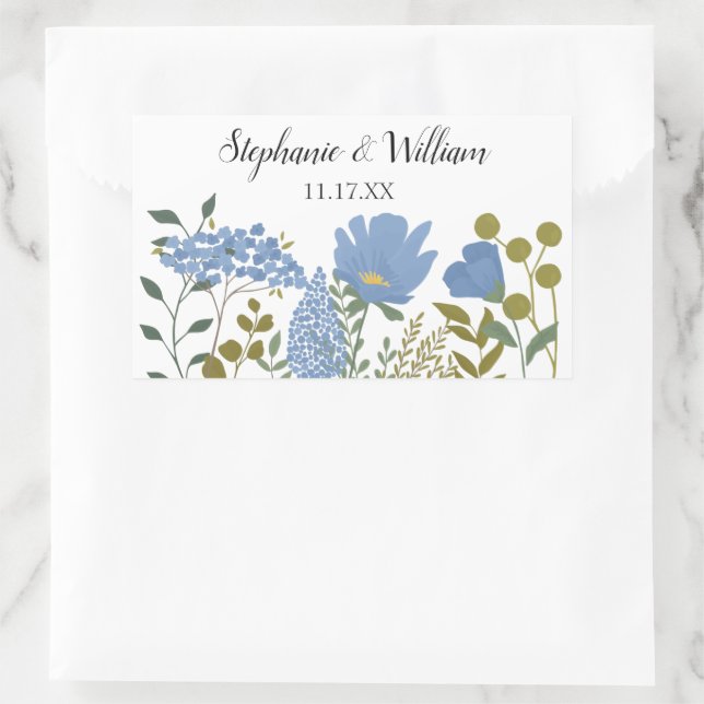 Periwinkle Blue Spring Floral Personalised Wedding Rectangular Sticker (Bag)