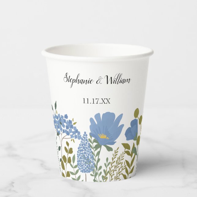 Periwinkle Blue Spring Floral Wedding Personalised Paper Cups (Front)
