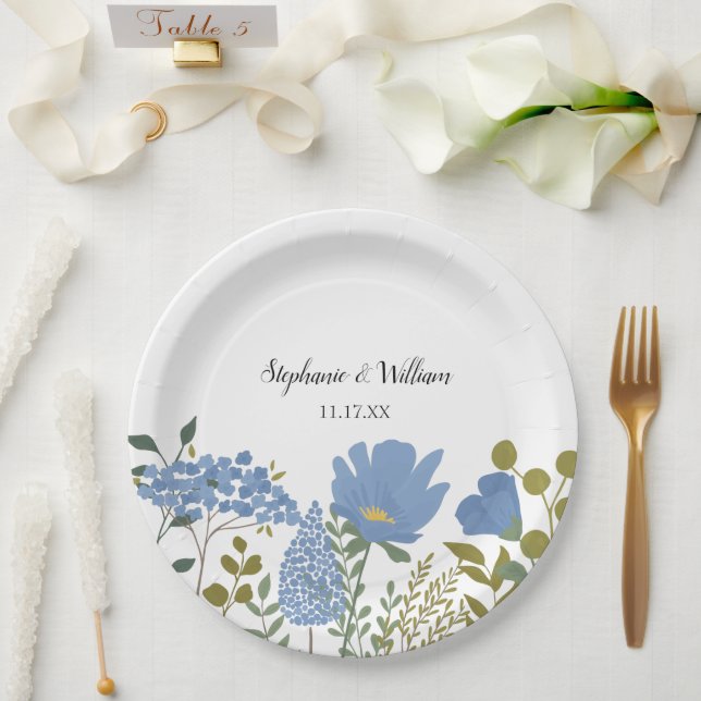 Periwinkle Blue Spring Floral Wedding Personalised Paper Plate (Wedding)