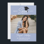 Periwinkle Blue Typography Photo Graduation Save The Date<br><div class="desc">Double sided graduation save the date card with a typography design and a photo of the graduate in a soft shade of blue. Add three more photos to the back in a clean collage. Graduation save the date template card personalised with photos.</div>