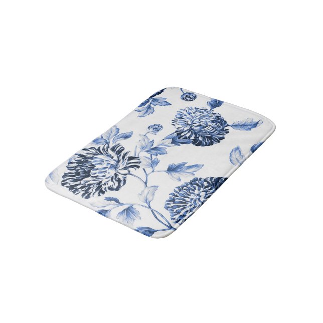 Periwinkle Blue & White Botanical Floral Toile No2 Bath Mat (Angled)