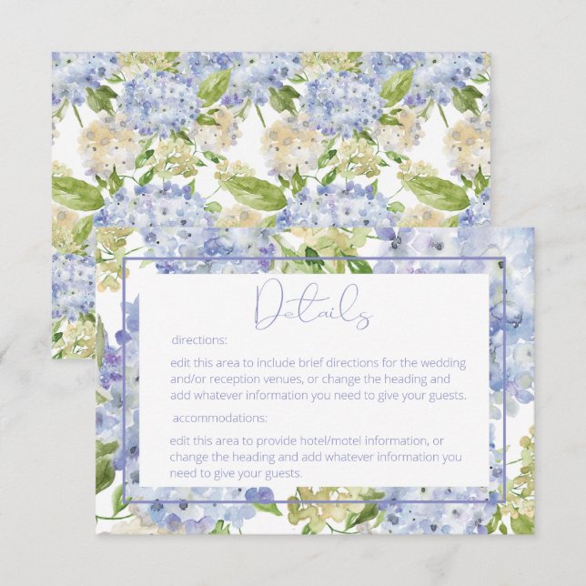 Periwinkle Blue White Hydrangea Details Wedding Enclosure Card (Front/Back)