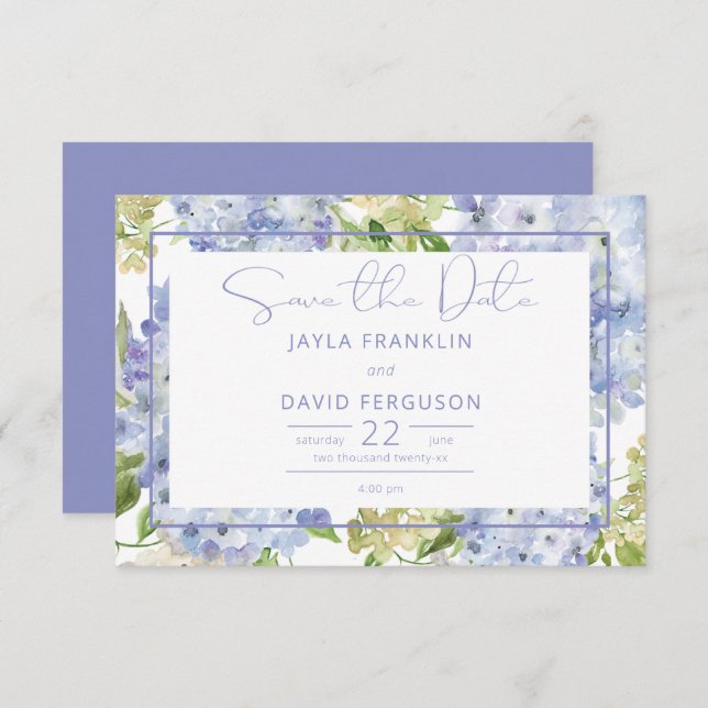 Periwinkle Blue White Hydrangea Wedding Save The Date (Front/Back)