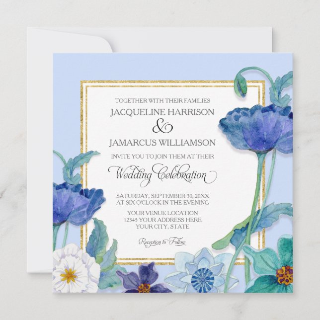 Periwinkle Blue White Watercolor Floral Poppy Leaf Invitation (Front)